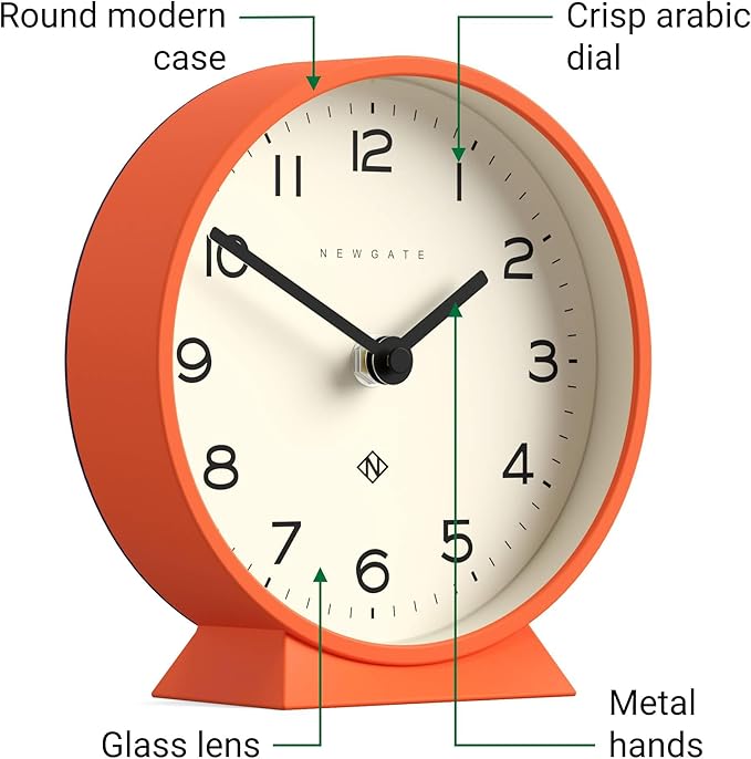 NEWGATE® M Mantel Echo Desk Clock | Modern Round Design | Pumpkin Orange | Easy to Read Numbers | Contemporary Style for Desk, Table, Shelf or Bedside