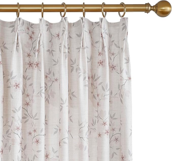 Pink Floral Pinch Pleated Linen Curtains - 2 Panels of Privacy Light-Filtering Printed Curtains Suitable for Dining Rooms and Farmhouses.84 Inches Wide by 96 Inches Long