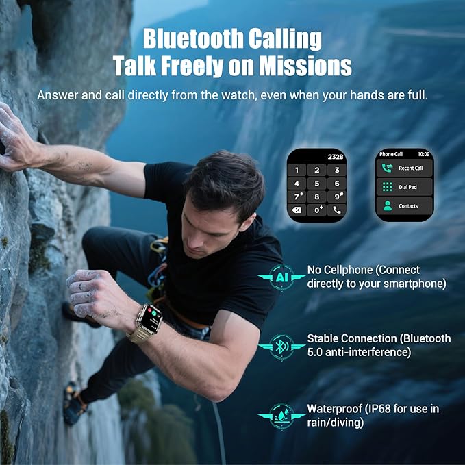 Military Smart Watch for Men (Answer/Make Calls), 2.01" Fitness Watch Tracker with 100-Day Battery/Flashlight/Compass/Heart Rate/120+ Sports Modes/IP68 Waterproof Smartwatch for iOS Android(2 Straps)