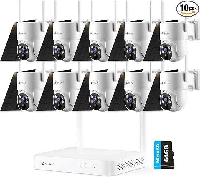 Kittyhok Solar Security Camera System Wireless Outdoor | 10pcs 2K Ultr Pan Tilt Home Solar Security Camera with Human Detection, Spotlight | 10CH Smart NVR, 60 Days Local Storage, 0 Monthly Fee
