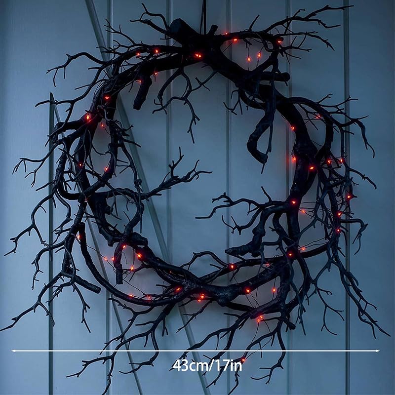 Halloween Black Branch Wreath Signs for Front Door with Red Lights,Handcrafted Halloween Horror Wreath for Indoor Outdoor Party Window Wall Decor Farmhouse Garland Yard
