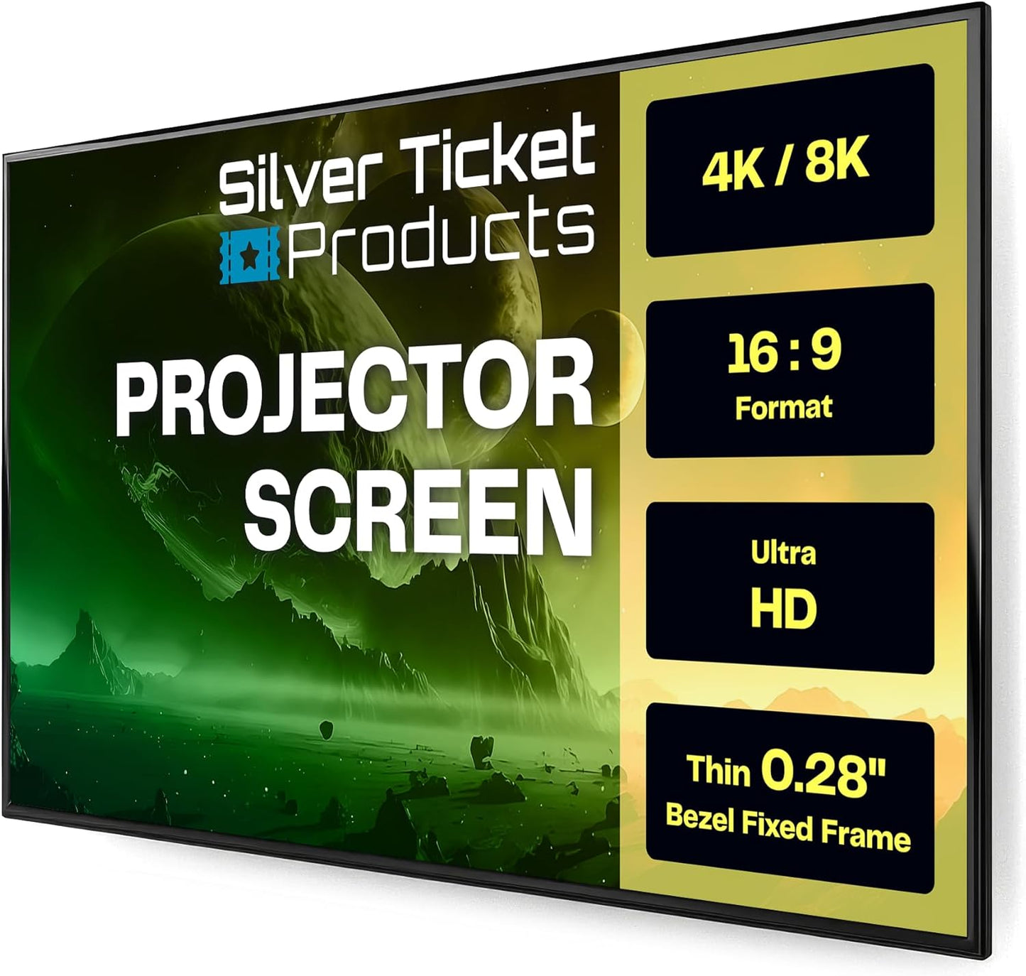 Silver Ticket Products S7 Series 6 Piece Thin Bezel Home Theater Fixed Frame 4K/8K Ultra HD, HDTV, HDR & Active 3D Projection Screen, 16:9 Format, 135" Diagonal, White Material S7-169135