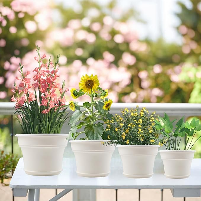 16 inch Plastic-Flower-Pot-for-Indoor-Plants, 4 Pack Large Outdoor Planter Pot with Drainage Holes & Saucers, Resin Decorative Garden Pots Planters