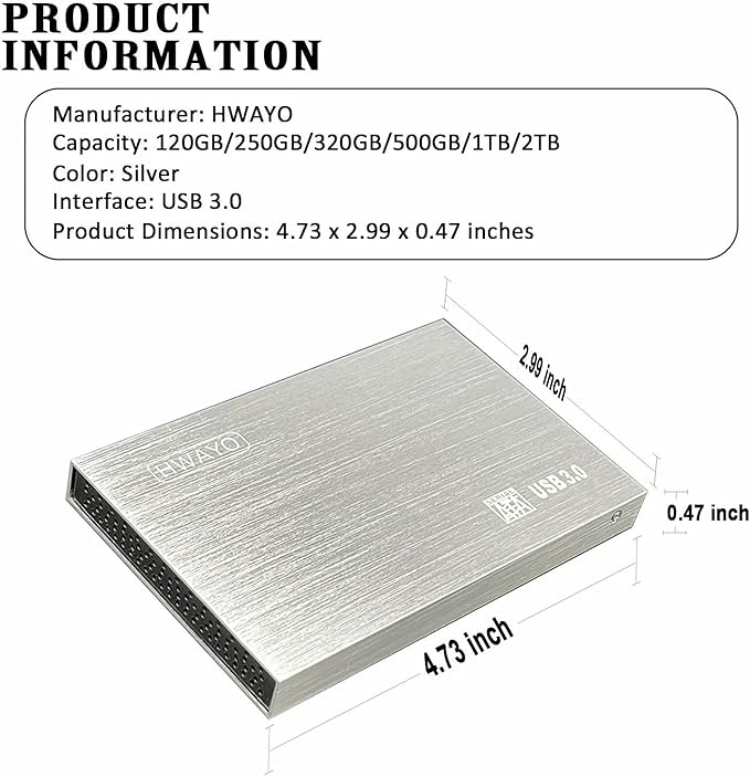 2.5'' HDD 320GB Ultra Slim Portable External Hard Drive USB3.0 Storage for Xbox One Console, PC, Laptop, MacBook (Silver)