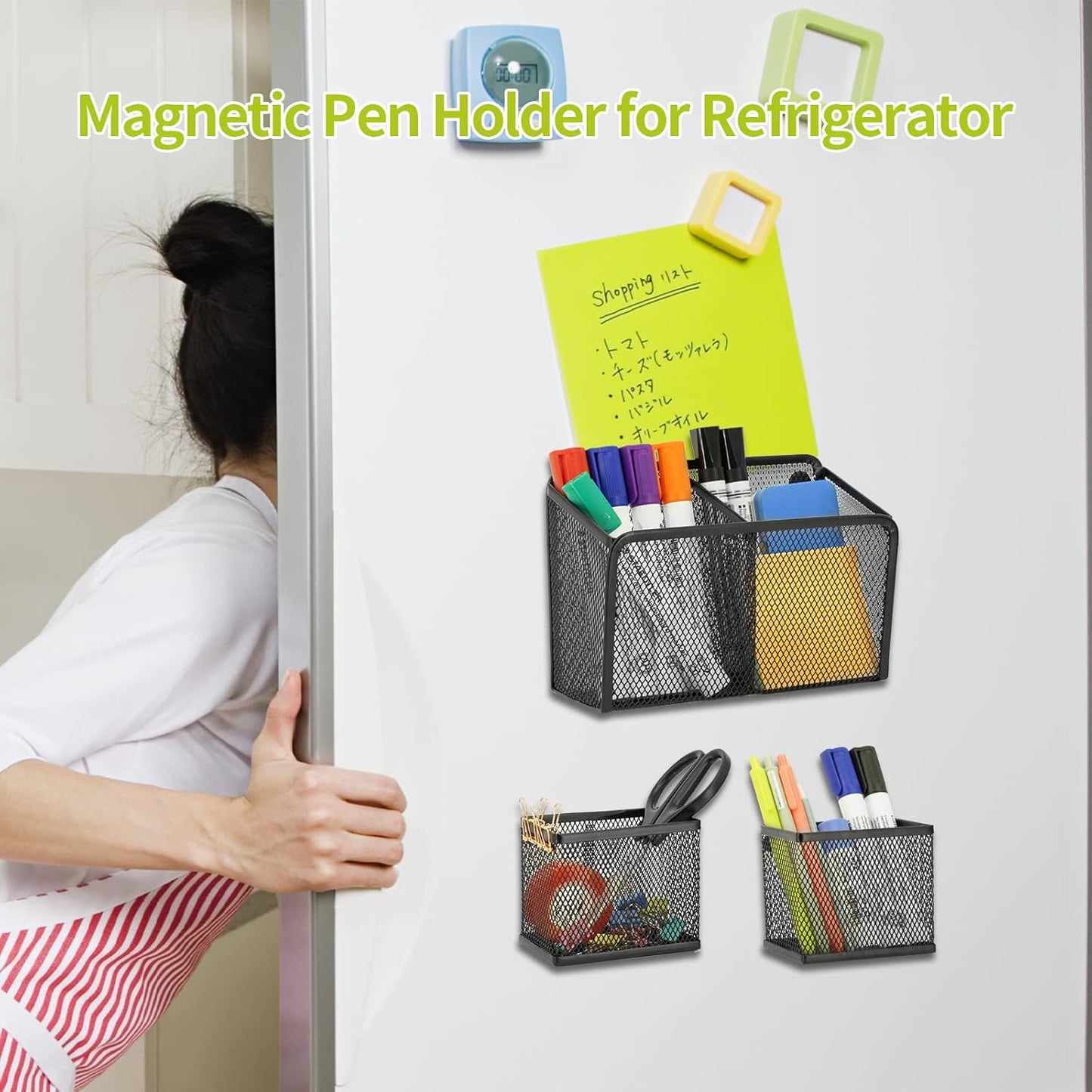 Neudeco Locker Shelf Organizer, Magnetic Pencil Holder, Metal Storage Basket for Whiteboard, Refrigerator, Ideal Cabinet for School, Black (Pack 3L)
