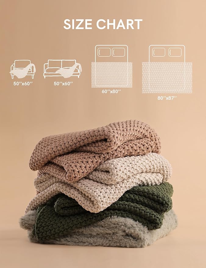 YnM Chunky Cotton Knit Throw Blanket, Cable Knit Throws for Bed Couch Sofa, Comfy & Relaxing, Decorative Piece for Farmhouse Modern Boho Rustic Scandinavian Chic Vibe, Cream White 60x80 Inches