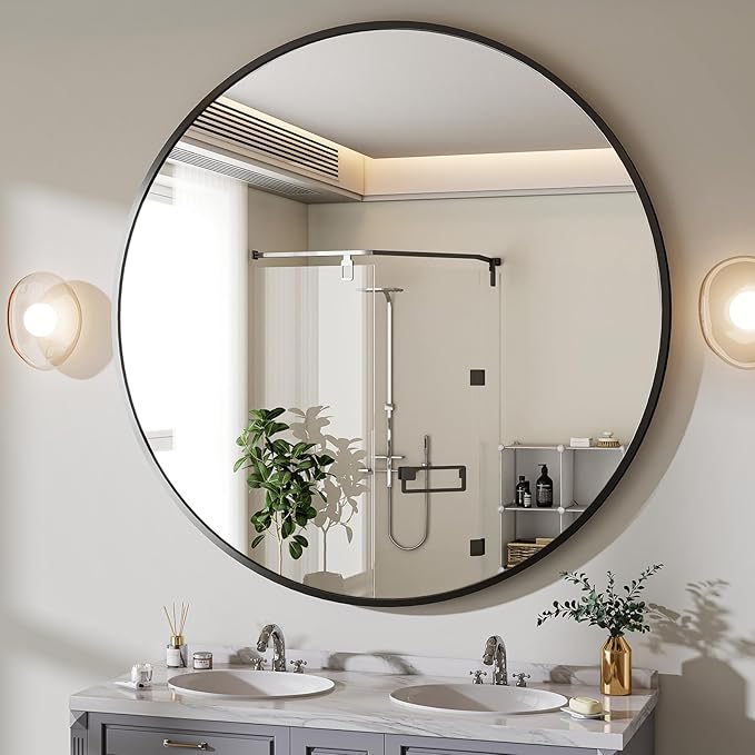 BEAUTYPEAK 48 Inch Round Mirror, Metal Frame Circle Mirror, Wall Mounted for Entryway, Bathroom, Vanity, Living Room, Black