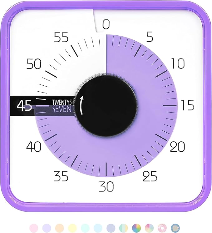 TWENTY5 SEVEN Countdown Timer 7.5 inch; 60 Minute 1 Hour Visual Timer â Classroom Teaching Tool Office Meeting, Mechanical Countdown Clock for Kids Exam Time Management Magnetic, Purple