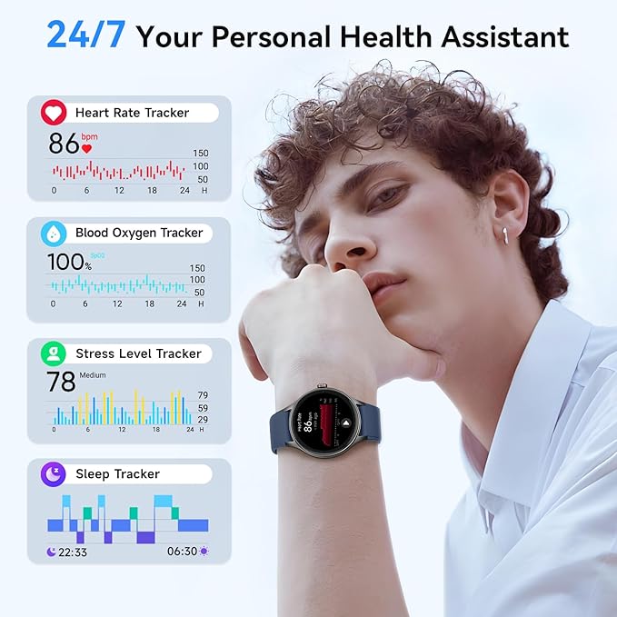 Fitpolo Smart Watches for Men/Women, 1.27" Round Smartwatch Fitness Tracker with Bluetooth Calls (Make/Answer), Heart Rate/SpO2/Sleep Monitor, 12 Days Battery, IP68 Waterproof - Blue