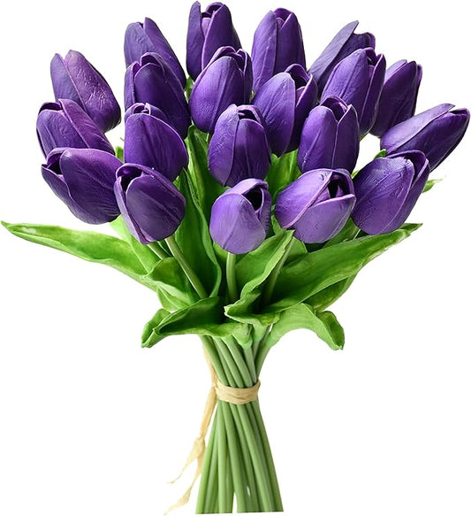 Mandy's Artificial Tulips 20 Stems Dark Purple PU Faux Flowers for Wedding Home Decor 13.5 Inch