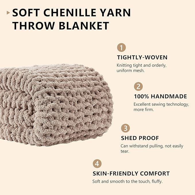 L'AGRATY Chunky Knit Blanket Throw: 80''x90'' Chenille Chunky Knitted Throw Blankets for Bed Couch - Handmade Thick Big Cable Knit Blanket - Large Crochet Rope Blankets for Home Decor(Light Taupe)