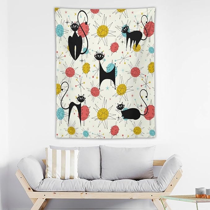 ICMOLYYENLO Abstract Cat Tapestry, Medieval Abstract Atomic Star Cat Vintage Home Wall Hanging Art Tapestry for Bedroom Living Room Dormitory 60x60 Inch