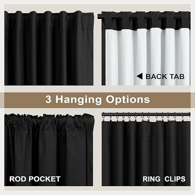 Black Boho Curtains for Bedroom 90 Inches Long Sound Proof Blackout Linen Window Treatment Drapes Double Full Total Light Blocking Floor to Ceiling Curtains for Dining Room 90 Length 2 Panel Back Tab