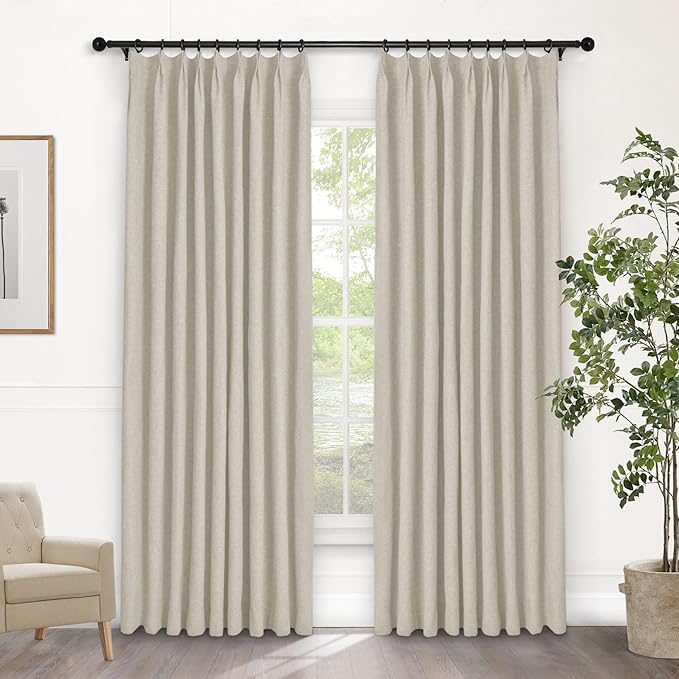 Macochico Pinch Pleated 100% Blackout Curtains Ivory White Linen Curtains for Bedroom Living Room Farmhouse Thermal Insulated Window Panels Pleated Curtains with Hooks and Tieback 52”Wx72”L 1 Panel