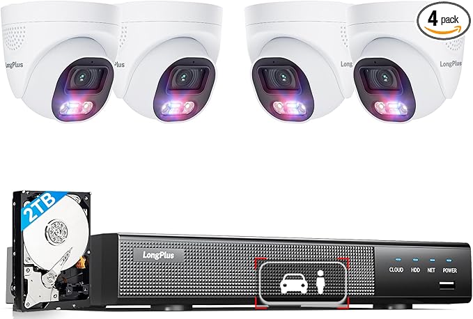 LongPlus Smart 12MP 8CH Home Security Camera System, 4Pcs Wired PoE IP Cameras System Outdoor with Person/Vehicle Detection, 12MP 8CH NVR with 2TB HDD for 24-7 Recording, LP12ME84D1
