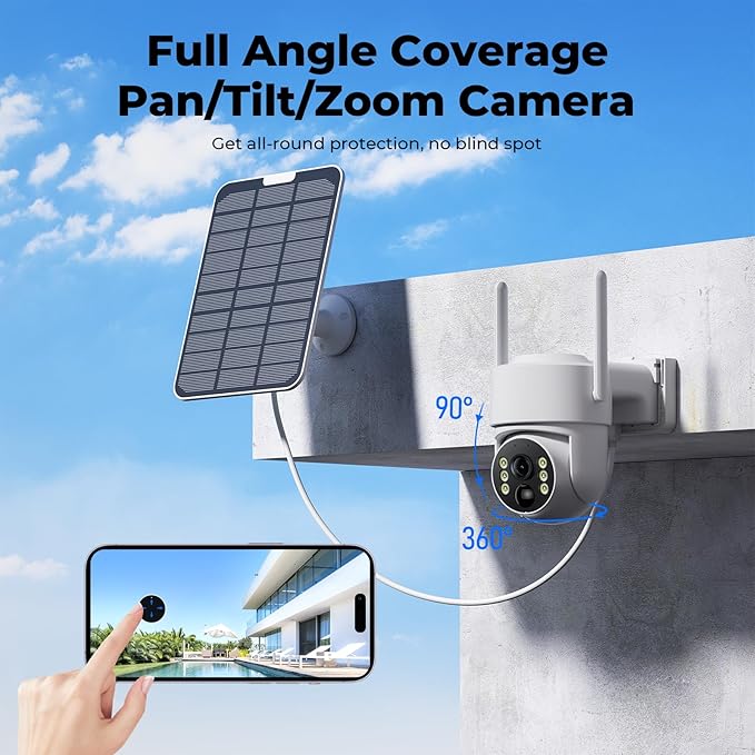 Camcamp Security Cameras Wireless Outdoor, Solar Powered Wireless Security Camera System, 2K PTZ, Color Night Vision, PIR Motion Detection, App Alert, 2-Way Talk, IP66 Waterproof