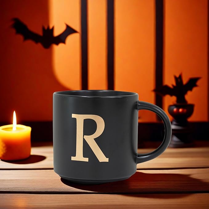 COLLECTIVE HOME - Monogram Ceramic Mugs, 15 oz Golden Initial Black Coffee Cups, Elegant Alphabet Tea Mugs, Elegant Personalized Mug with Gift Box, Unique Mug with Double Side Capital Lette (R)