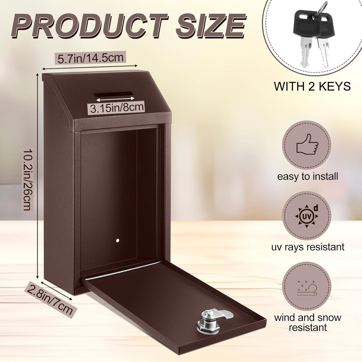 Metal Donation Cash Box Collection Safe Suggestion Box with Lock Wall Mounted Mailbox Delivery Ballot Container for Home Office Outdoor Door