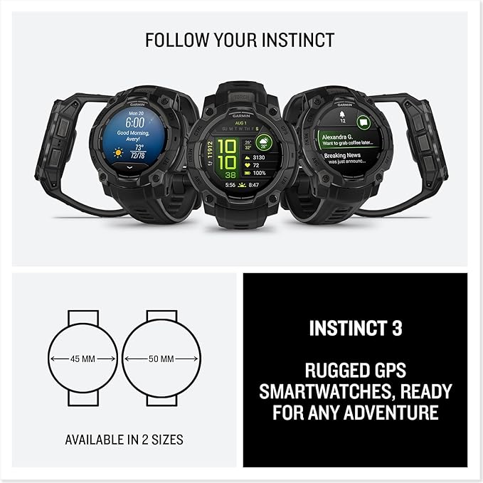 Garmin Instinct® 3 45mm, AMOLED Display, Rugged Outdoor GPS Smartwatch, Metal-Reinforced Bezel, Built-in Flashlight, Up to 18 Days of Battery Life, Black