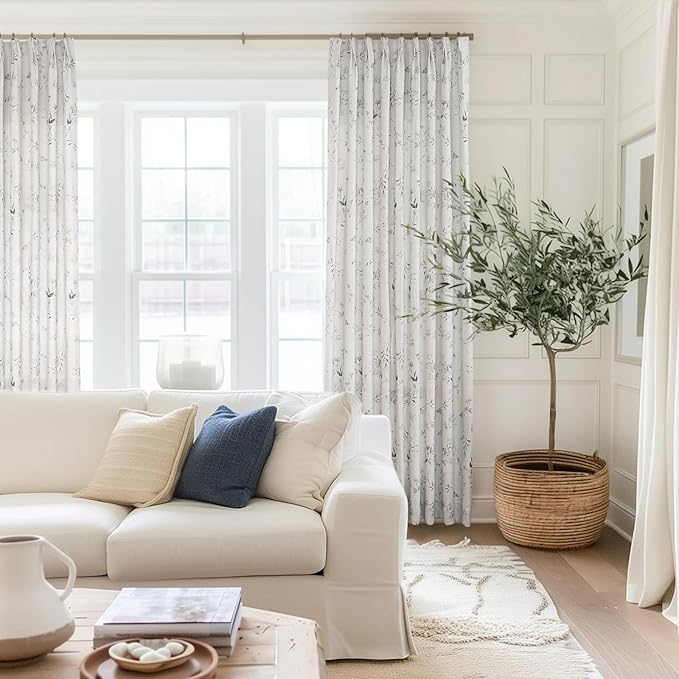 Pinch Pleated Floral Linen Curtains, 52 Inch Wide by 106 Inch Long Printed Curtains for Privacy Light Filtering, Suitable for Living Rooms and Sunrooms.2 Panels