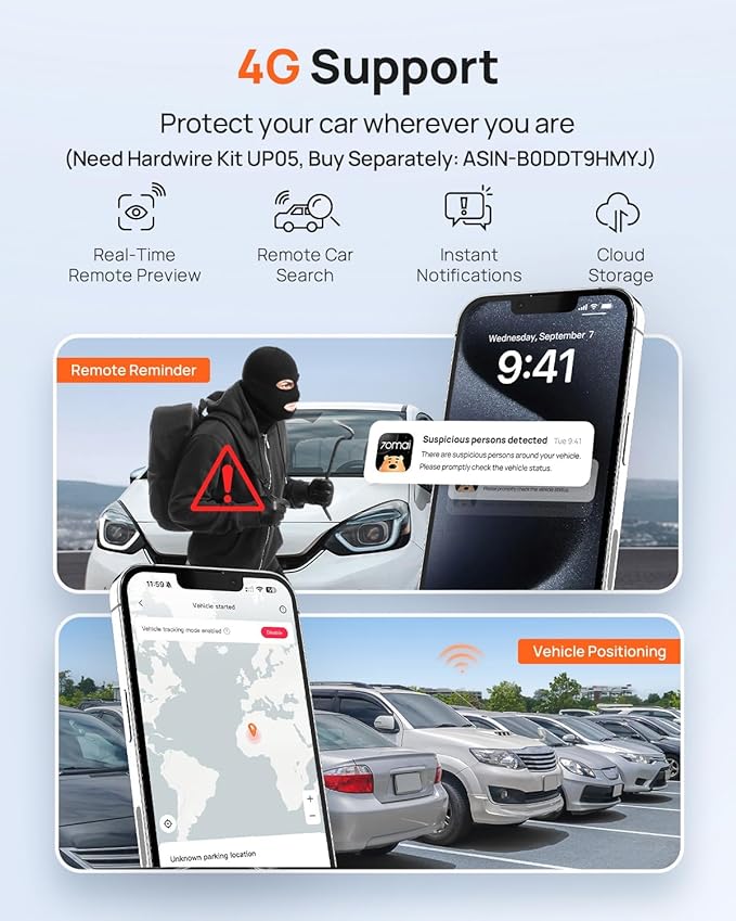 70mai A810 4K Dash Cam Front and Rear, Dual Dash Camera for Cars with Starvis 2 HDR Night Vision, 4G LTE Support, ADAS, Built in GPS & WiFi, 24/7 Parking Mode, AI Motion Detection, Time-Lapse