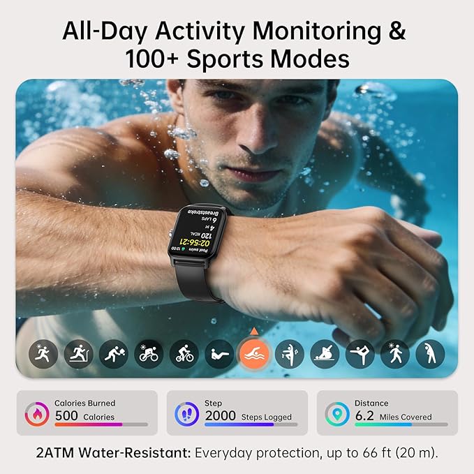 Smart Watch for Men, Alexa Built-in 1.85" HD Touchscreen Fitness Tracker with Bluetooth Call, 24/7 Heart Rate/Sleep/SpO2 Monitor, 100+ Sport Modes,2ATM Waterproof Smartwatch for Android iPhone(Black)
