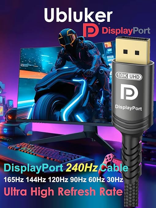 10K 8K DisplayPort 2.1 Cable 54Gbps 33 FT, Certified DP to DP Cord 4K 240Hz 165Hz 144Hz 120Hz 10K 8K 120Hz Nylon Braided UHBR HDCP2.3 FreeSync G-Sync RTX5090 Gaming Monitor PC Projector