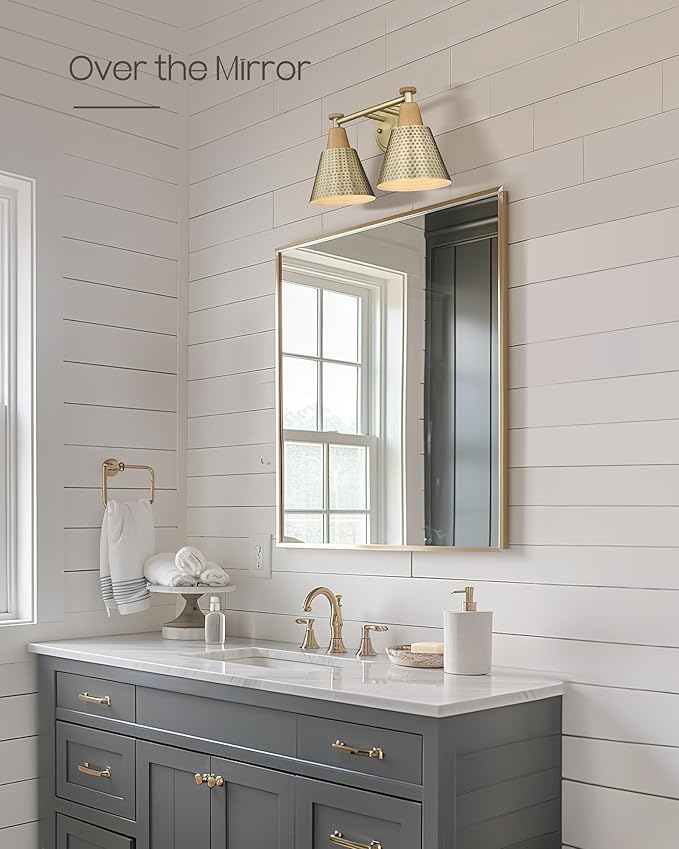 FEMILA Bathroom Light Fixtures, 2-Light Bathroom Vanity Lights Over Mirror, Antique Brass Wall Sconces, Hammered Metal Shade, 4FG59B-2W BG