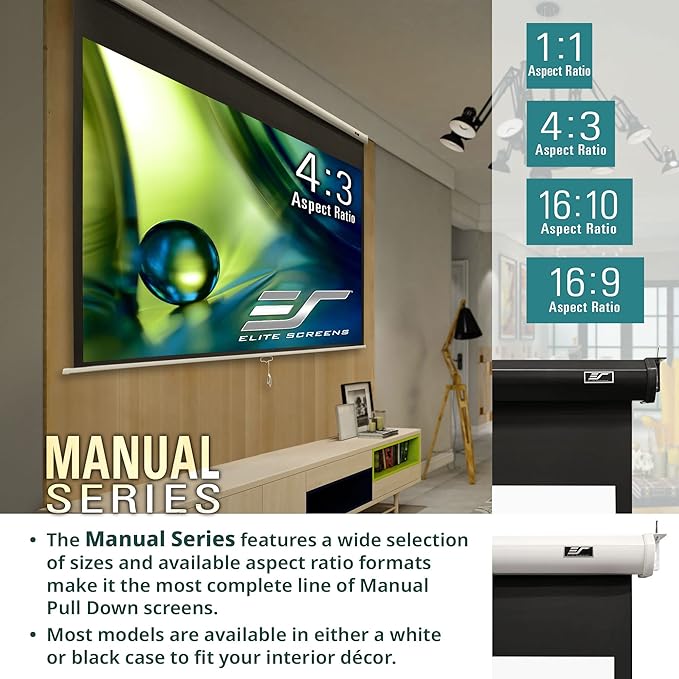 Elite Screens Manual Series, 120-INCH 16:9, Pull Down Manual Projector Screen with AUTO LOCK, Movie Home Theater 8K / 4K Ultra HD 3D Ready, 2-YEAR WARRANTY, M120XWH2