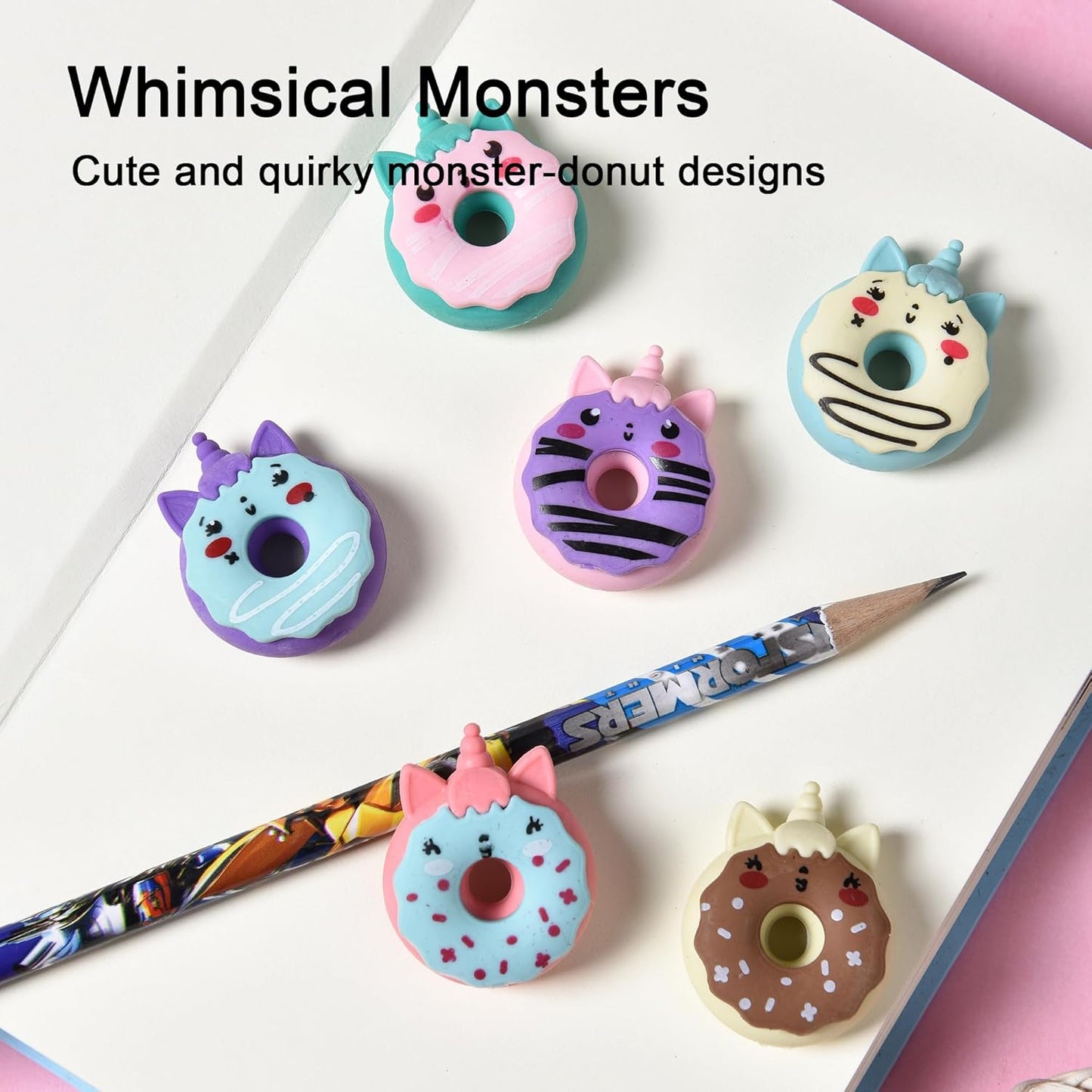 Donut Erasers for Kids Bulk, 24 Pieces 3D Cute Fun Monster Erasers for Party Favors Classroom Prizes