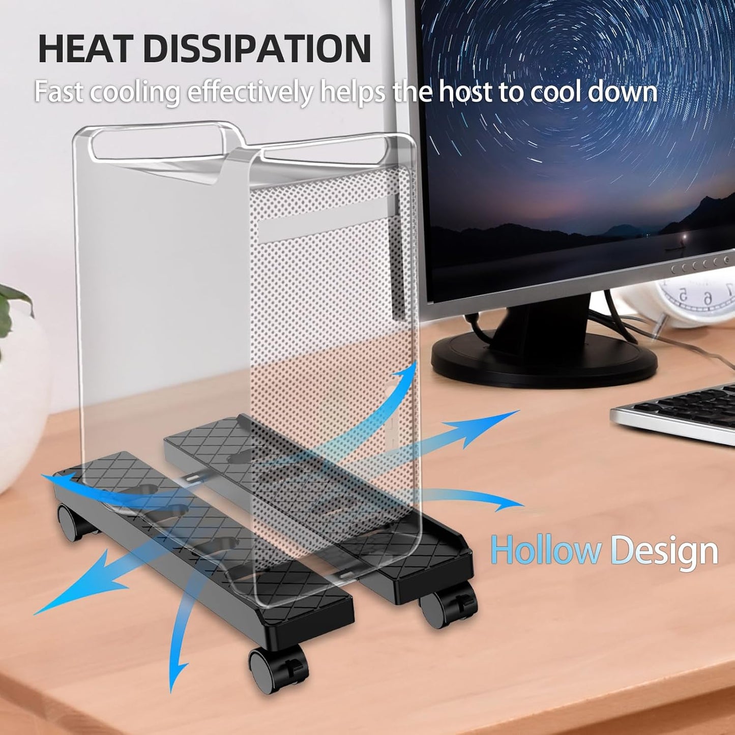 Adjustable Mobile CPU Stand, Ventilated Computer Tower Stand with 4 Caster Wheels Fits Most PC Tower, Under Desk CPU Holder PC Floor Cart Computer Riser for Gamers and Students (Large Black)