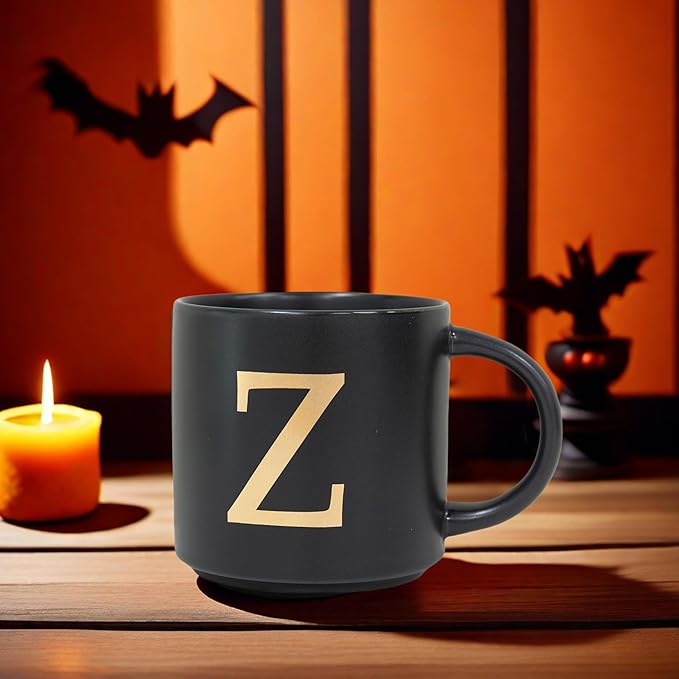COLLECTIVE HOME - Monogram Ceramic Mugs, 15 oz Golden Initial Black Coffee Cups, Elegant Alphabet Tea Mugs, Elegant Personalized Mug with Gift Box, Unique Mug with Double Side Capital Lette (Z)
