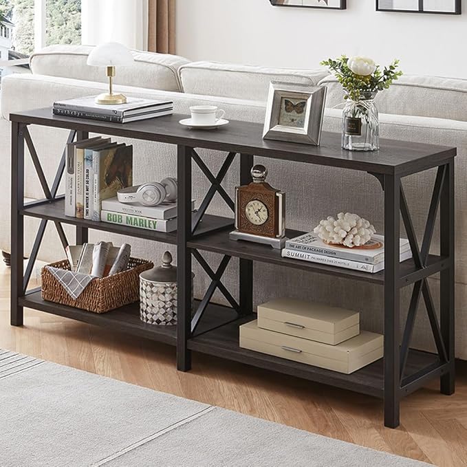 LVB Rustic Console Table, Industrial Modern Sofa Table Behind Couch, Long Metal Wood Entryway Table with Storage Shelf, Farmhouse Foyer Hallway Table for Home Living Room Bedroom, Dark Gray Oak, 63 in