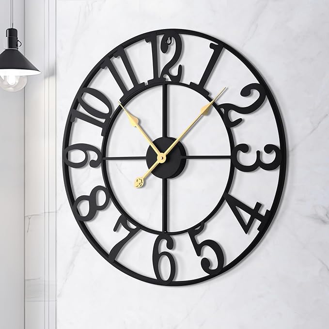 LEIKE Large Wall Clock, 24" Silent Non-Ticking, Battery Operated, Oversized, Decorative Retro Black Metal Clock for Living Room,Farmhouse, Dinner Room,Indoor, Outdoor Decor(60cm, Black Arabic Number)