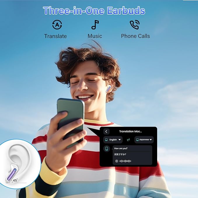 AI Translation Earbuds Real Time with Audio and Video Calls, 164 Language/7 Translation Modes Translator Earbuds Bluetooth 5.4 with APP, 48H AI Ear Buds Translator Device for Business/Learning/Travel
