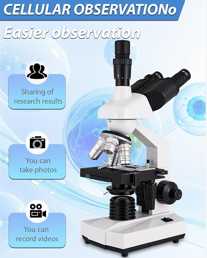Goldstyle Compound trinocular Microscope, 40x-5000x Magnification, WF10x and WF25x eyepieces, LED Illumination, Adult Microscope for Schools, Home Labs, Children and Beginners
