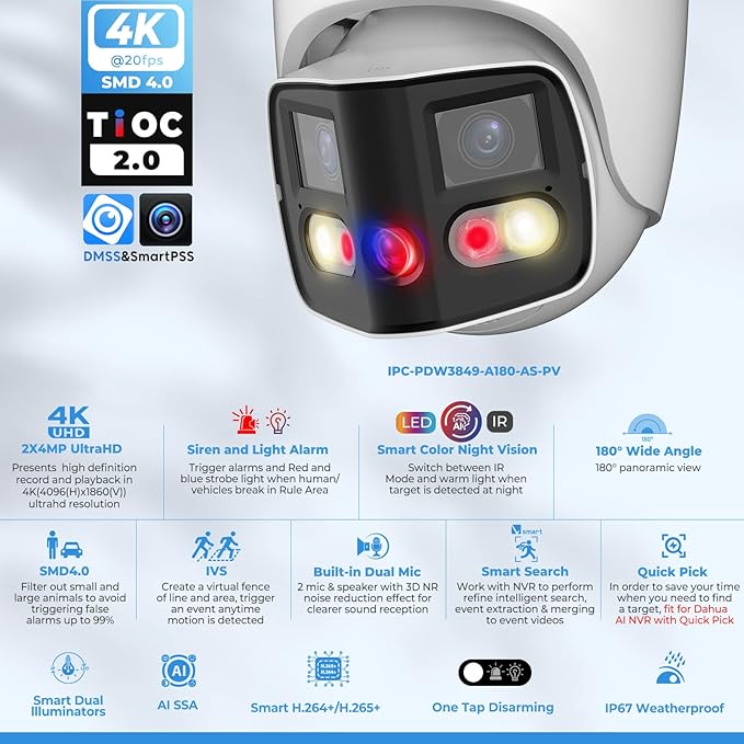 Dual-Lens 4K (8MP) TiOC Outdoor POE Camera - 2 x 4MP Duo 180° Panoramic Wide Angle AI Turret IP Camera, Dual Color Night, DMSS, Active Detterence, 2-Way Audio, Human/Vehicle Detection, EPTZ