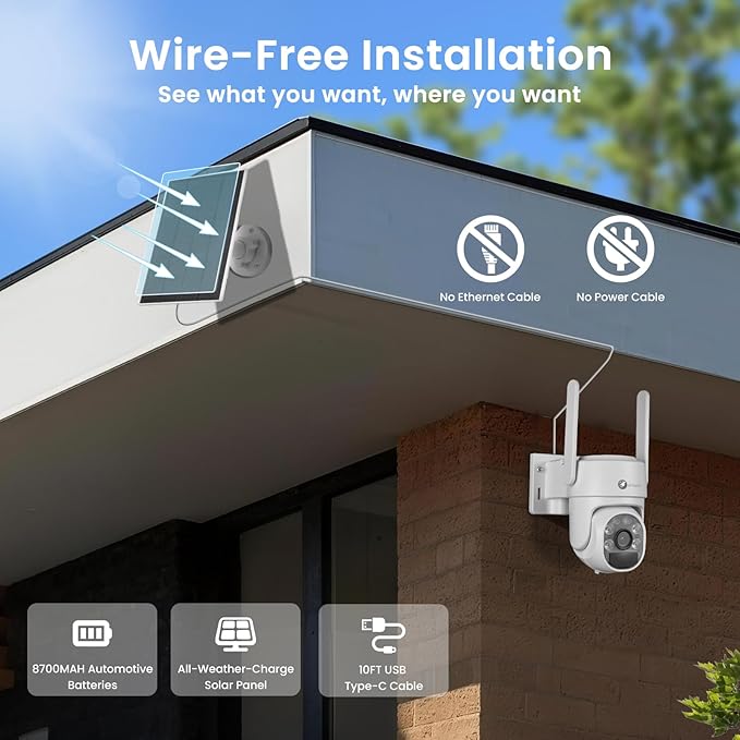XMARTO QHD Wire-Free Solar Security Camera System Outdoor/Indoor Wireless, Pan Tilt Zoom, 4K Long Range WiFi 6 Surveillance DVR Kit, Long-Lasting Solar Battery Home CCTV 10-CAM Set w. 120-day Storage