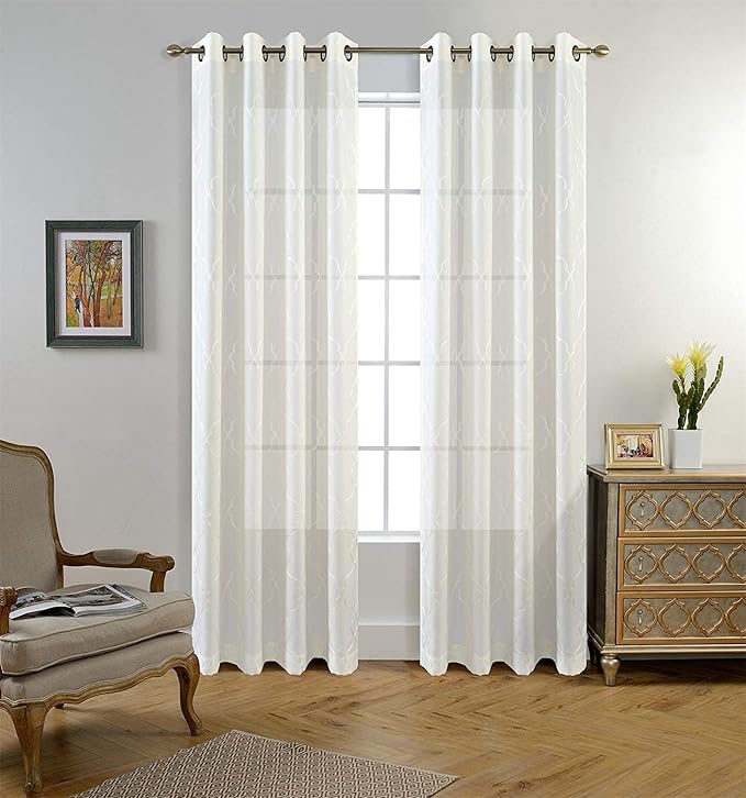 MIUCO Moroccan Embroidered Semi Sheer Curtains Faux Linen Grommet Window Curtains for Bedroom Living Room 84 Inches Long 2 Panels, Pure White