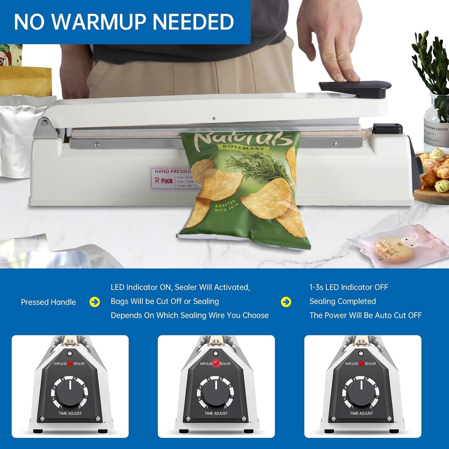 Impulse Heat Sealer with Cutter, Heavy-Duty Bag Sealing & Cutting Machine, 2 Extra Replacements (White, 16-Inch)