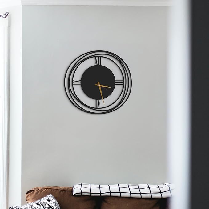 Circular Harmony Wall Clock – 14 Inch Compact, Silent Non-Ticking Quartz, Black Metal Minimalist Clock for Kitchen, Bedroom, Office