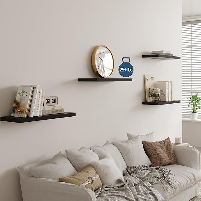Wall Shelf Set of 2, Black Floating Shelves 30 in W x 10 in D x 1 in H, Wooden Floating Wall Shelf with Invisible Brackets for Living Room/Bedroom/Bathroom/Kitchen Storage and Decor