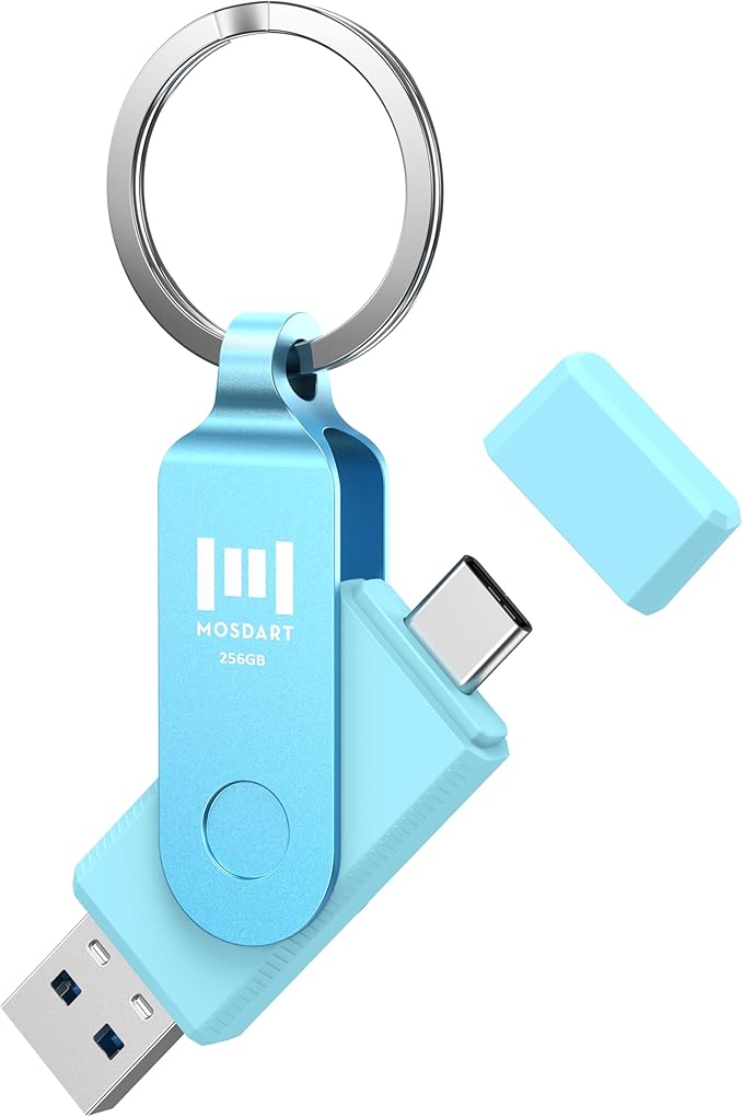 MOSDART 256GB USB3.1 Fast Speed C and A Dual Flash Drive, exFAT Memory Stick with Keychain and LED Indicator, for iPhone 15,16,17, Android Phone, iPad, MacBook, and Other Laptops, Sky Blue
