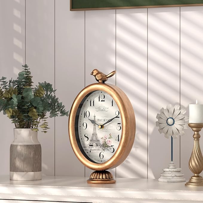 Vintage Table Clock with Bird, Desk and Shelf Decor Clock, French Paris Style, Antique Gold Metal Mantel Clocks for Living Room, Farmhouse, Bedroom, Bedside, Gift (10" H x 5.9" W)