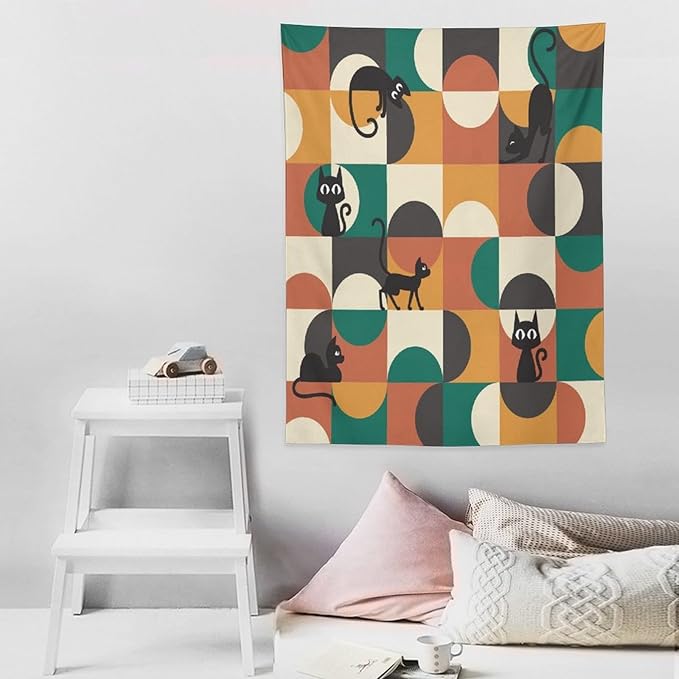 ICMOLYYENLO Boho Medieval Cat Tapestry, Abstract Atomic Starburst Geometric Aesthetic Art Wall Hanging For Bedroom Living Room Dormitory 60x60 Inches
