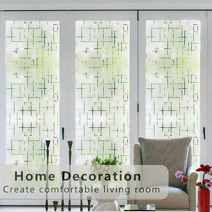 Finnez Frosted Window Film Non-Adhesive, Frosting Privacy Film for Glass Windows, Self Static-Cling Decorative Window Cling for Home Office UV Protection Cross Pattern 17.5 x 157.4 inches