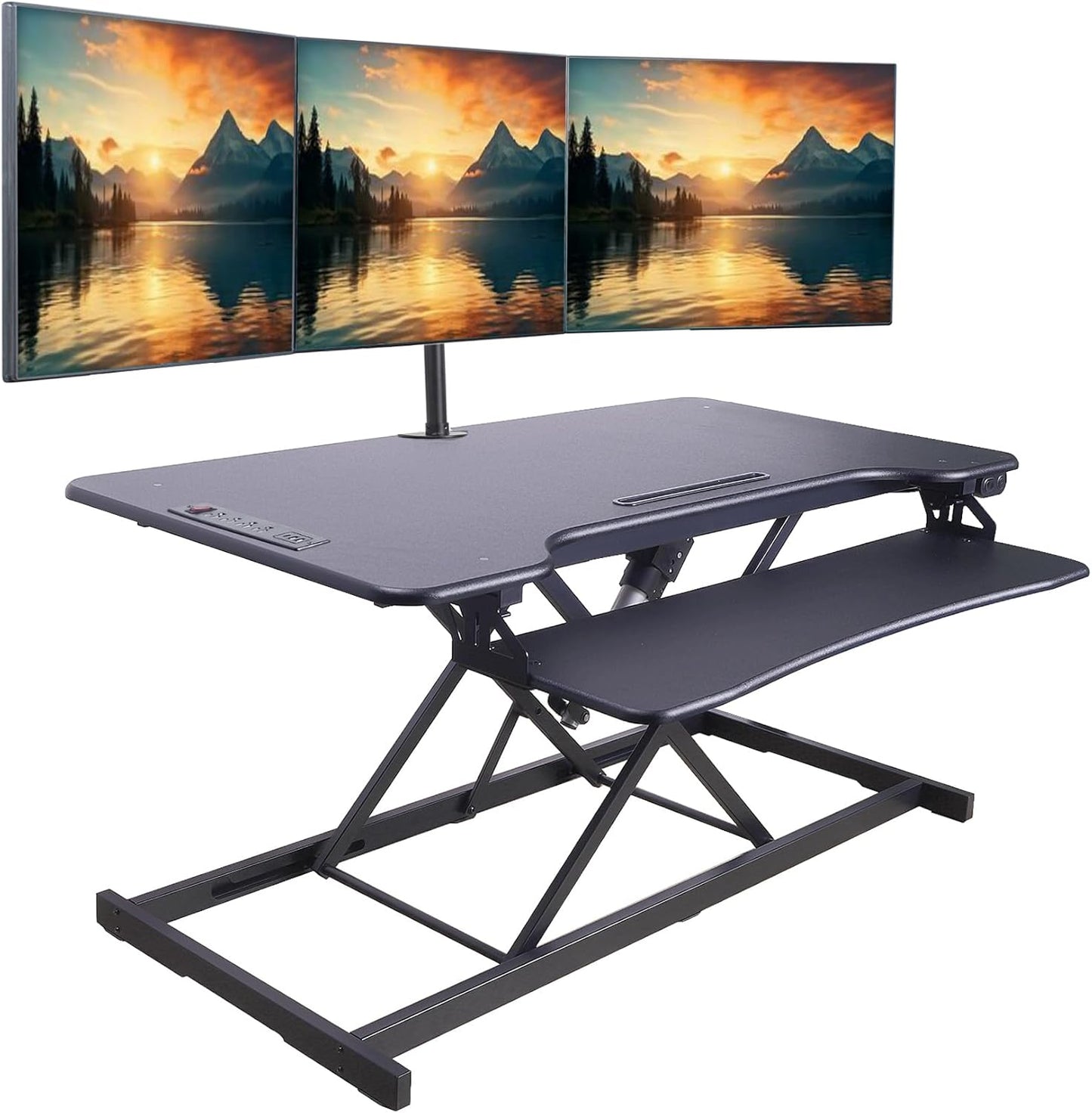 Rocelco 46" Electric Standing Desk Converter with AC Outlet USB Charger and Anti-Fatigue Floor Mat - Motorized Adjustable Sit Stand Riser - Tabletop Workstation Keyboard Tray - Black (R EDRB-46-MAFM)