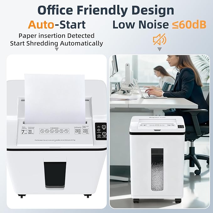 200-Sheet Auto Feed Paper Shredder, 40 Min Non-Stop Heavy Duty Shredders, P-5 Ultra Security Commercial Paper Shredder for Home Office, Micro Cut Shredder with Casters, 5.8 Gal, <60 dB(White)
