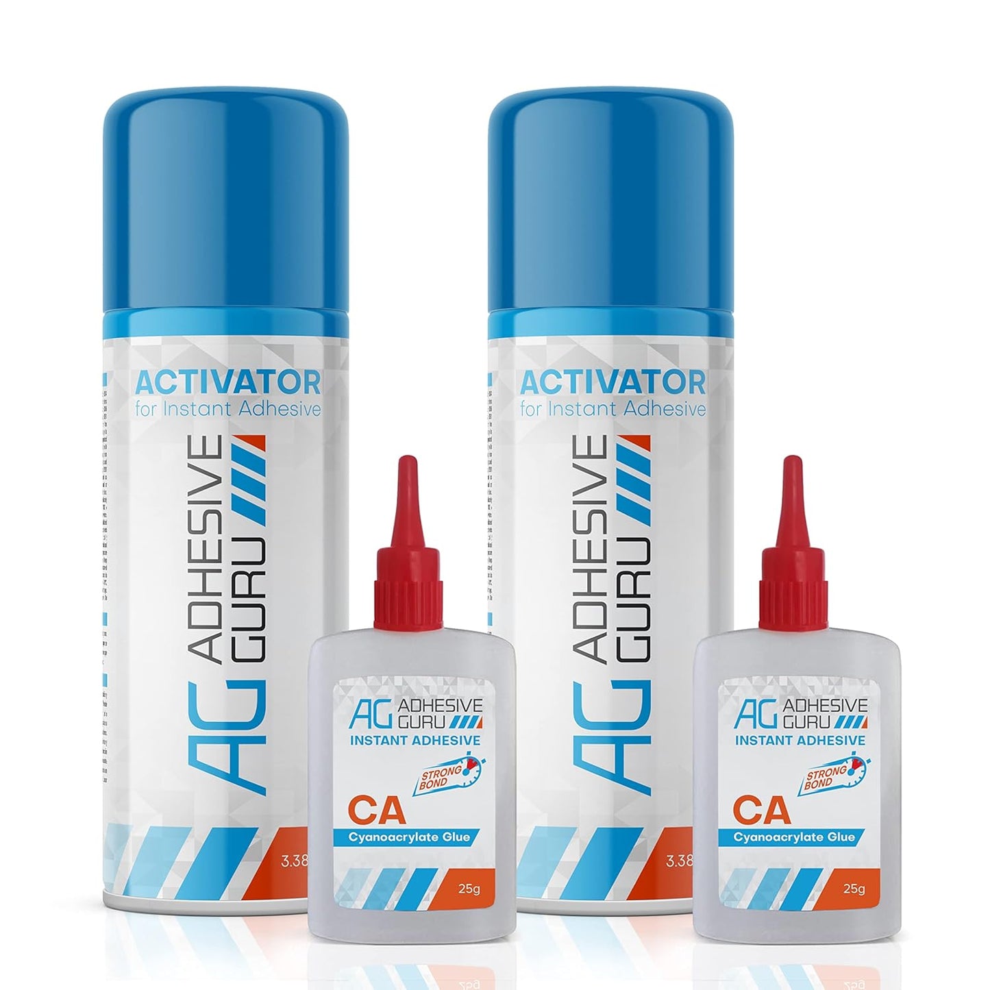 Adhesive Guru CA Glue with Activator Woodworking (2 x 0.9 oz - 2 x 3.38 fl oz) Ca Glue for Woodworking, Cyanoacrylate Glue and Activator (2 Pack)