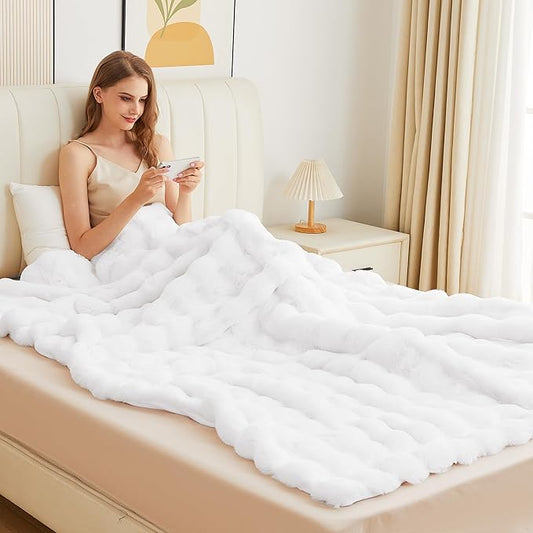 White Faux Rabbit Fuzzy Fur Queen Throw Fluffy Blanket 90x90 Soft Furry Blanket Queen Size for Bed Couch Cozy Bedroom Decor 1000 GSM